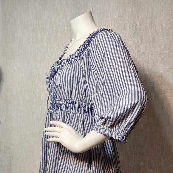 American Eagle Mini Dress Large Peasant Puff Sleeve Blue White Stripe Cinch - Picture 9 of 12